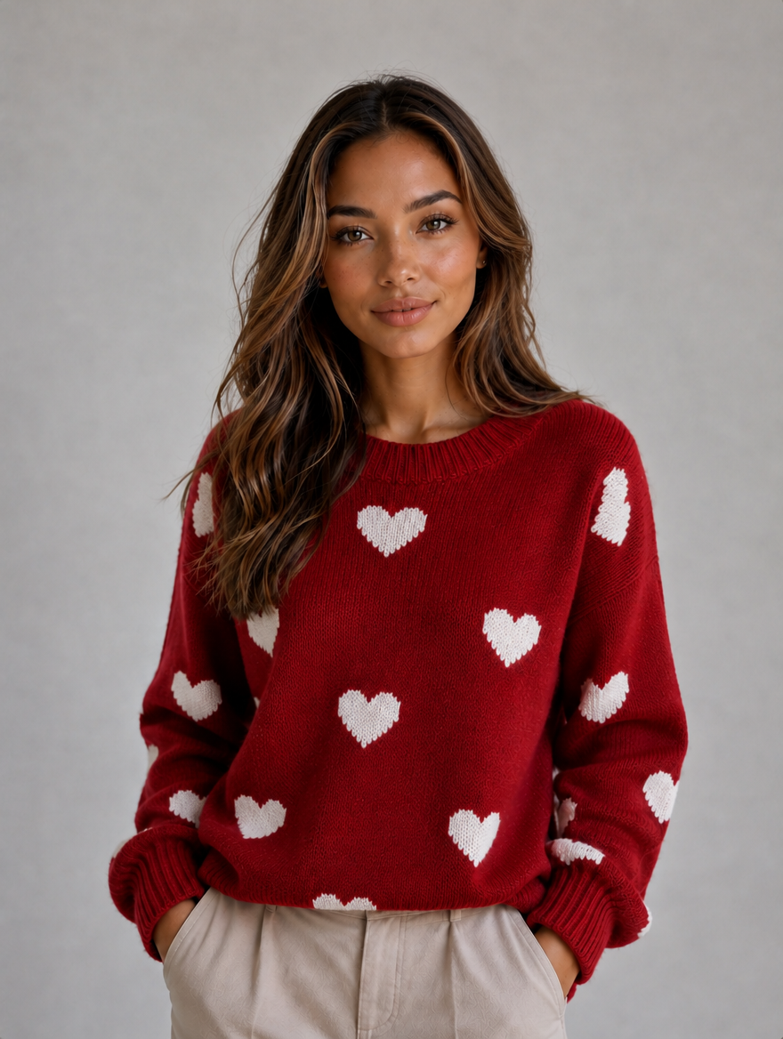 Women’s Heart Print Knitted Jumper – Crew Neck Sweater — Red