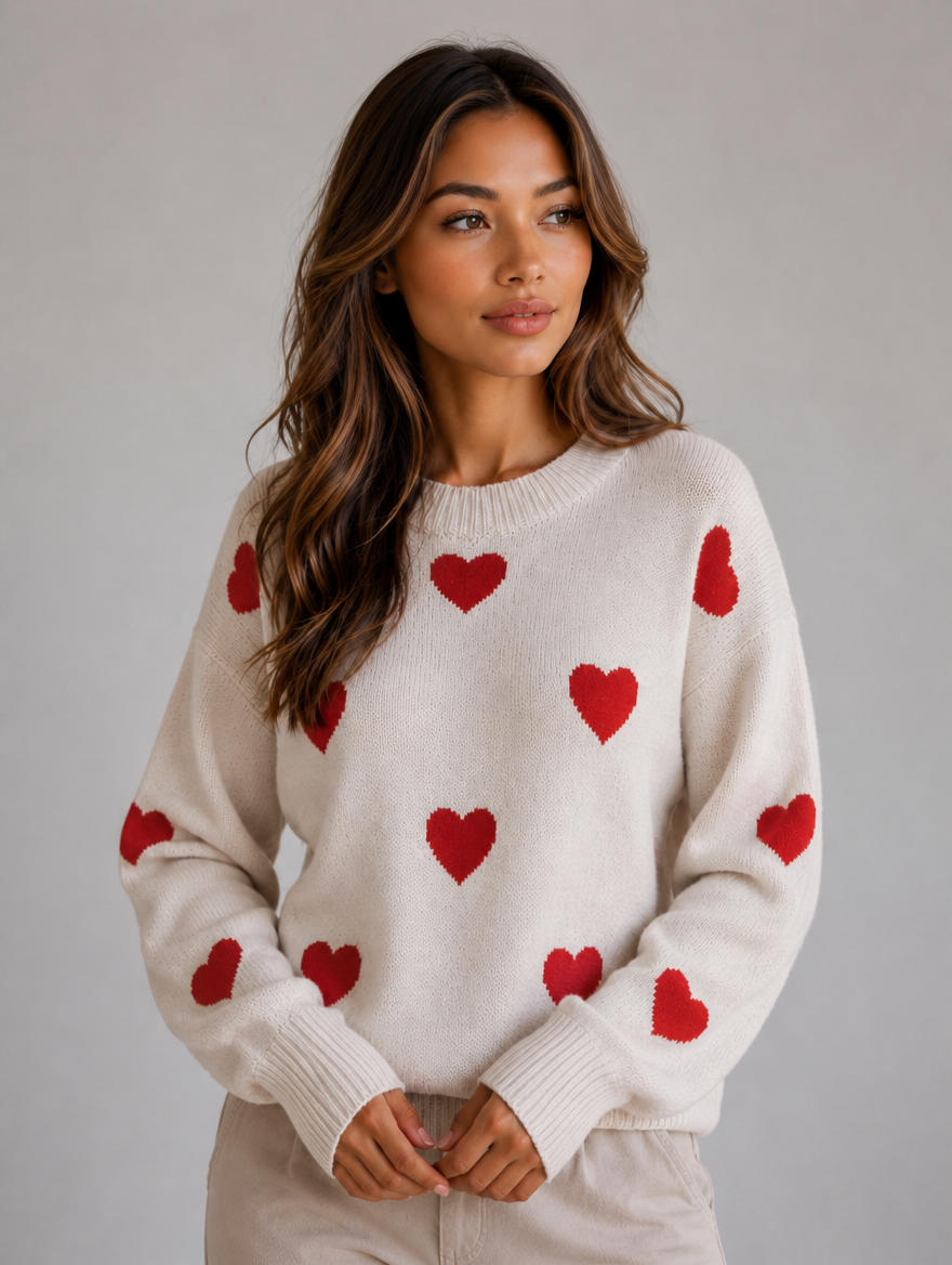 Women’s Heart Print Knitted Jumper – Crew Neck Sweater — White