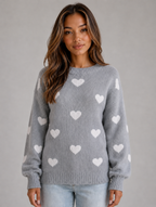Women’s Heart Print Knitted Jumper – Crew Neck Sweater — Grey