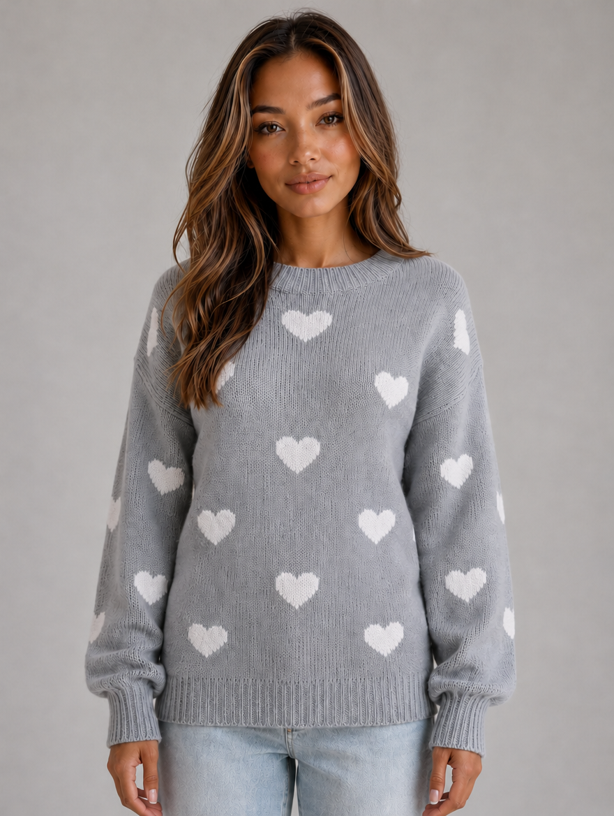 Women’s Heart Print Knitted Jumper – Crew Neck Sweater — Grey