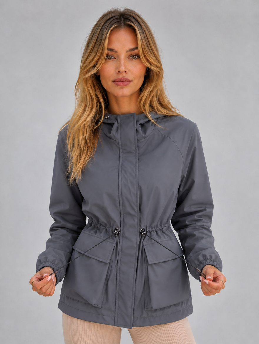 Women’s Hooded Rain Jacket – Water & Wind Resistant — Grey