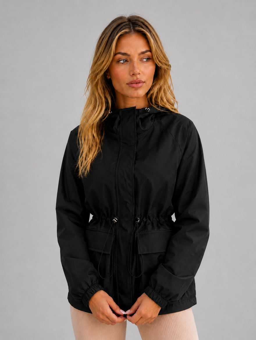 Women’s Hooded Rain Jacket – Water & Wind Resistant — Black