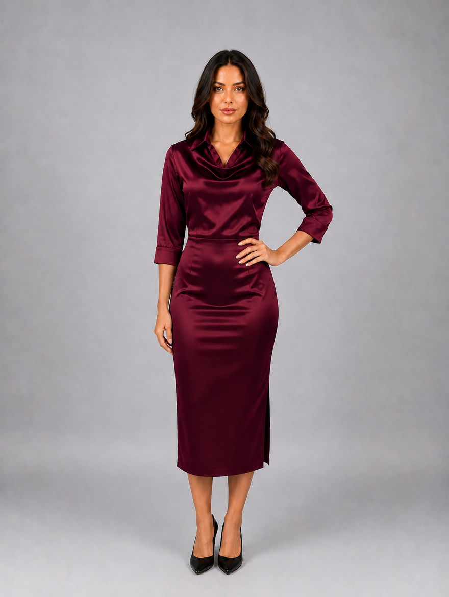 Women’s Satin Look Cowl Neck Midi Dress – Elegant Occasion Dress — Burgundy