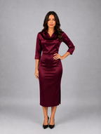 Women’s Satin Look Cowl Neck Midi Dress – Elegant Occasion Dress — Burgundy