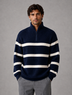 Men’s Striped Half Zip Jumper – Oversized Ribbed Knit Pullover — Navy