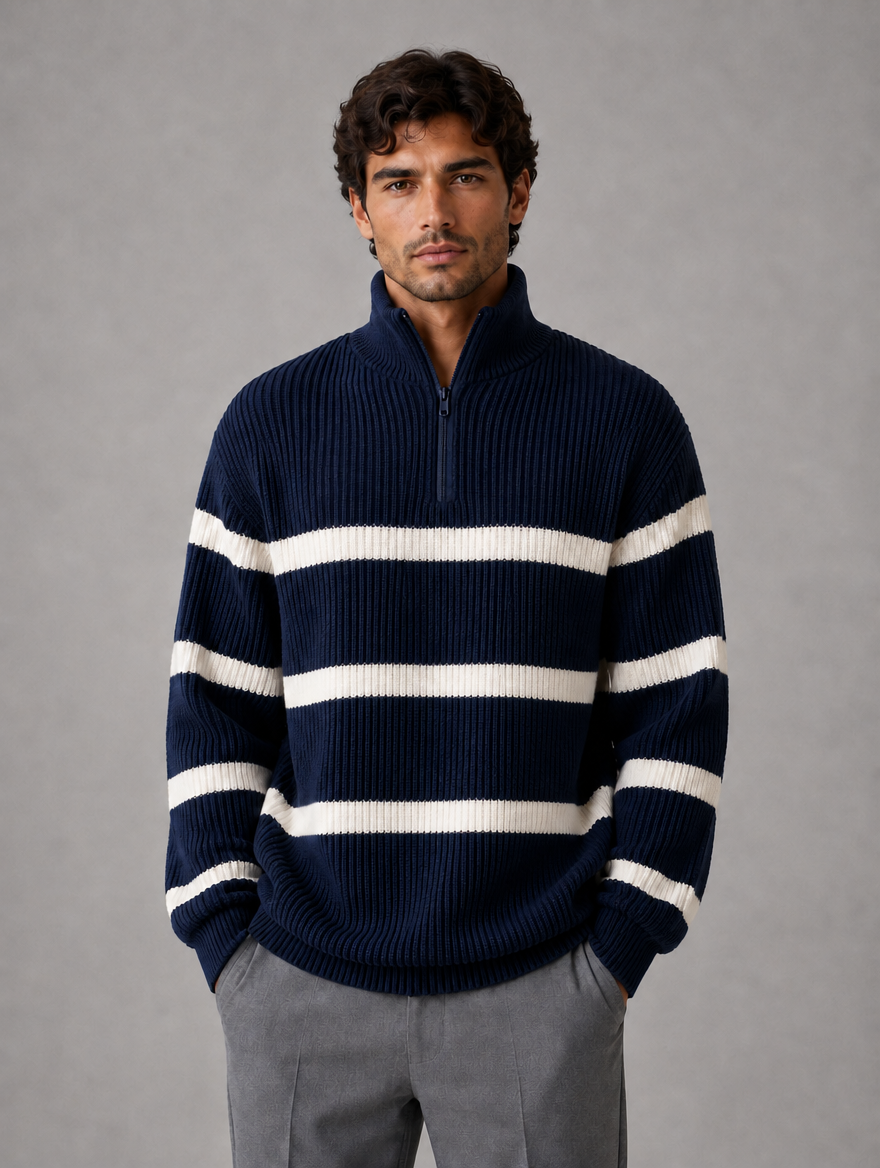 Men’s Striped Half Zip Jumper – Oversized Ribbed Knit Pullover — Navy