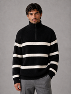 Men’s Striped Half Zip Jumper – Oversized Ribbed Knit Pullover — Black