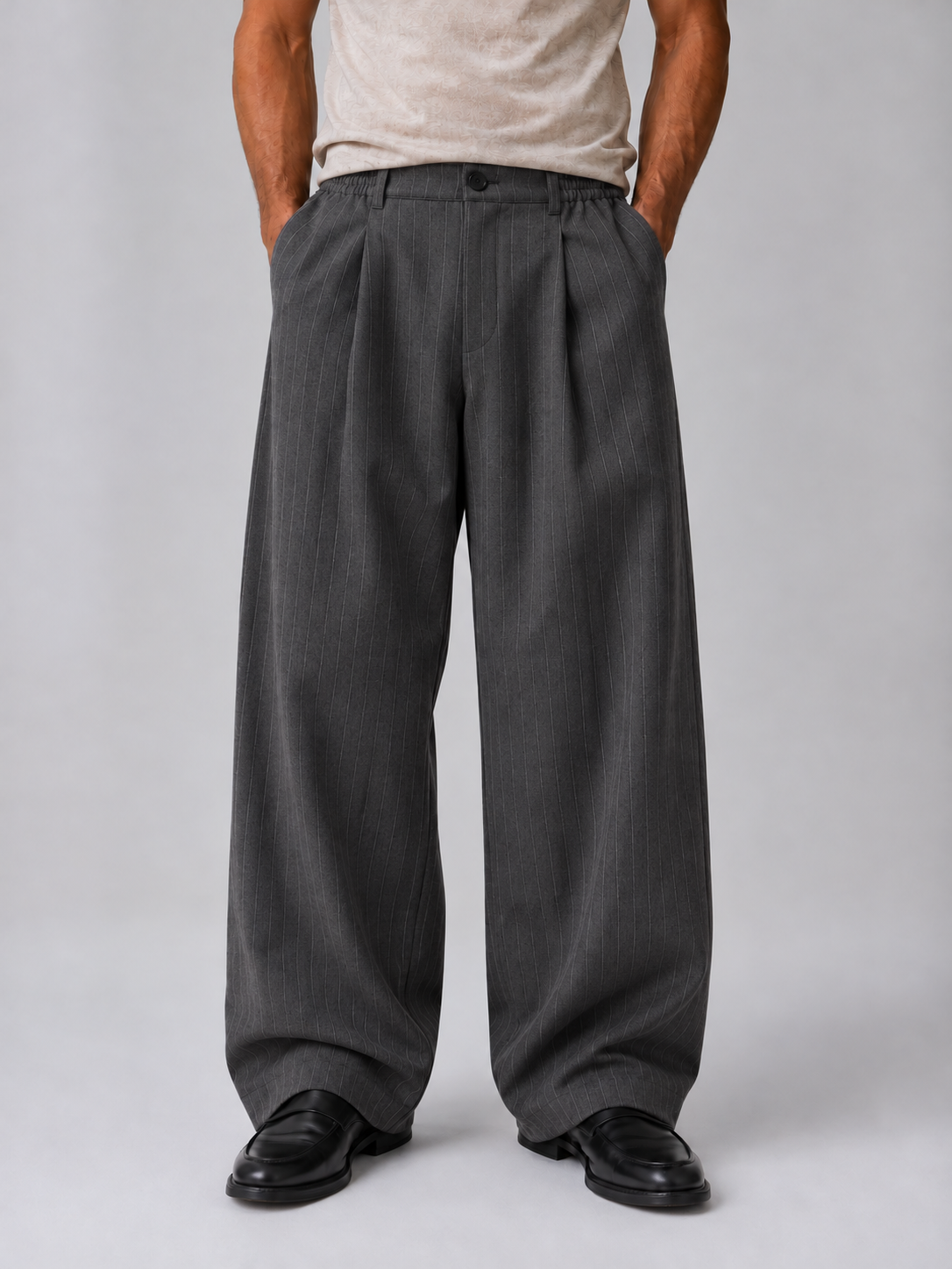 Men’s Pinstripe Wide Leg Trousers – Baggy Tailored Pants — Grey
