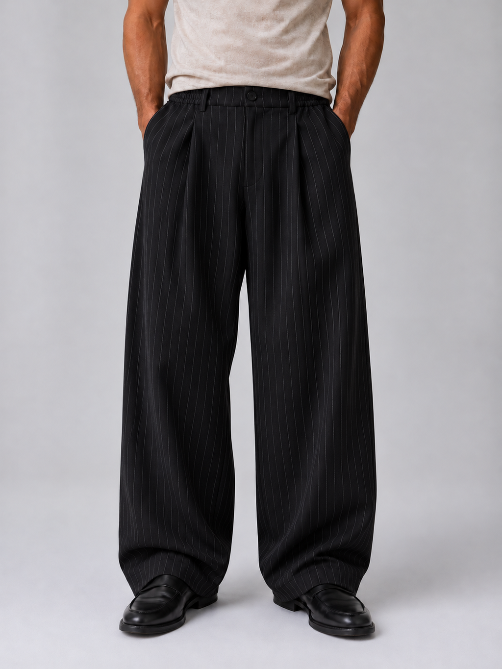 Men’s Pinstripe Wide Leg Trousers – Baggy Tailored Pants — Black