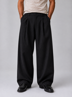 Men’s Pinstripe Wide Leg Trousers – Baggy Tailored Pants — Black