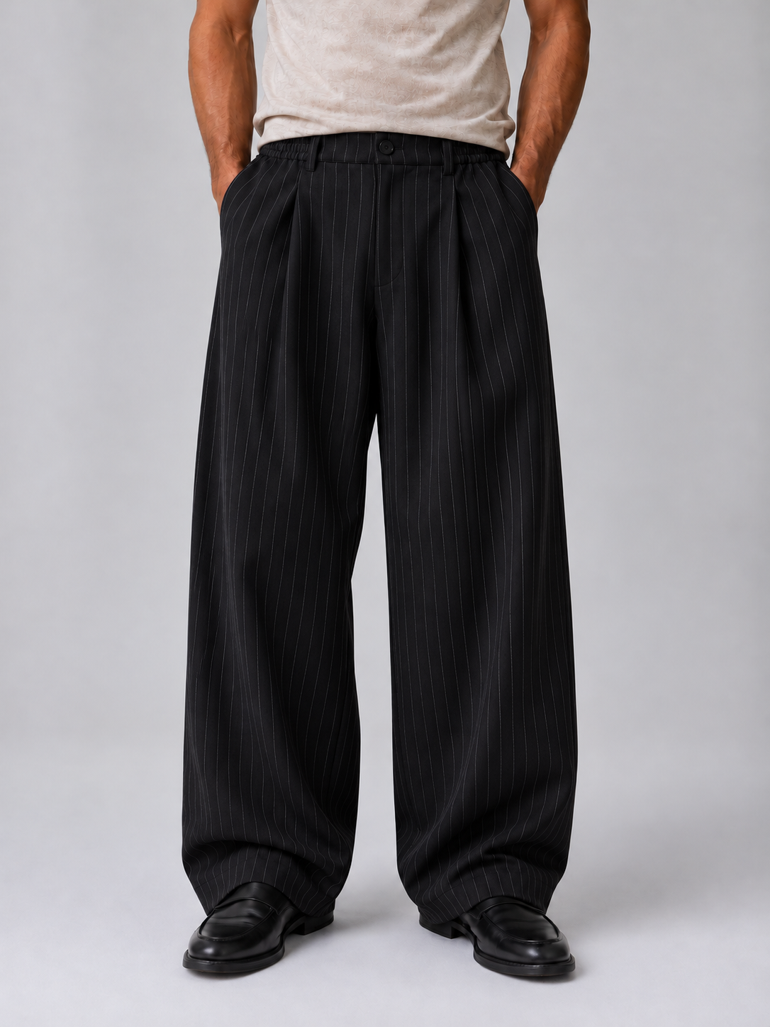 Men’s Pinstripe Wide Leg Trousers – Baggy Tailored Pants — Black