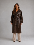 Women’s Leather Look Trench Coat – Long Double Breasted Belted Jacket — Brown