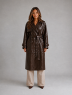 Women’s Leather Look Trench Coat – Long Double Breasted Belted Jacket — Brown