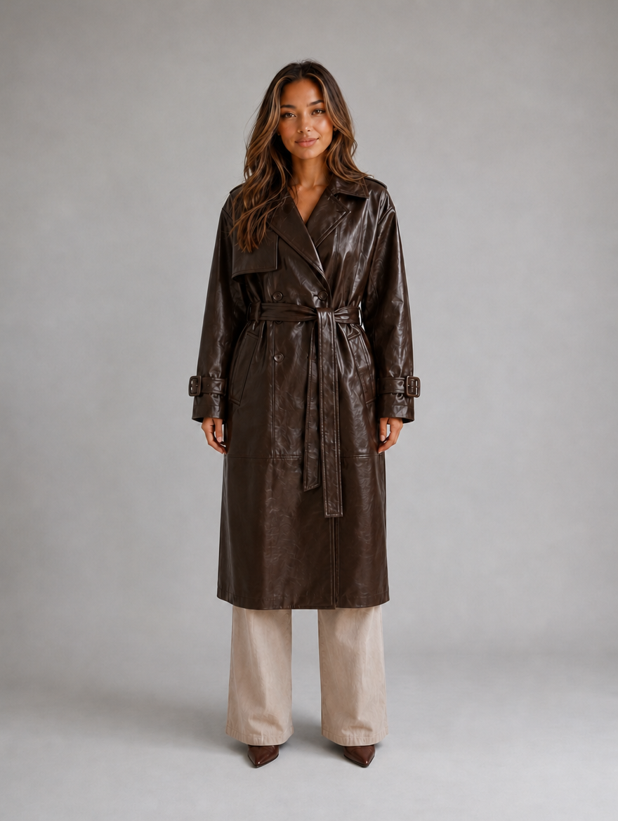 Women’s Leather Look Trench Coat – Long Double Breasted Belted Jacket — Brown