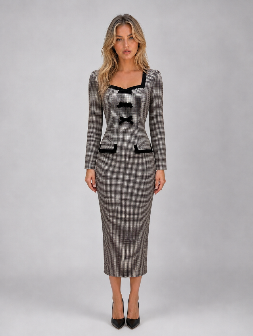 Women’s Check Midi Dress – Square Neck Long Sleeve Pencil Dress — Grey