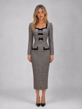 Women’s Check Midi Dress – Square Neck Long Sleeve Pencil Dress — Grey