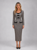 Women’s Check Midi Dress – Square Neck Long Sleeve Pencil Dress — Grey
