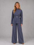 Women’s Pinstripe Two-Piece Set – High Neck Top & Wide Leg Trousers — Blue
