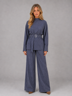 Women’s Pinstripe Two-Piece Set – High Neck Top & Wide Leg Trousers — Blue
