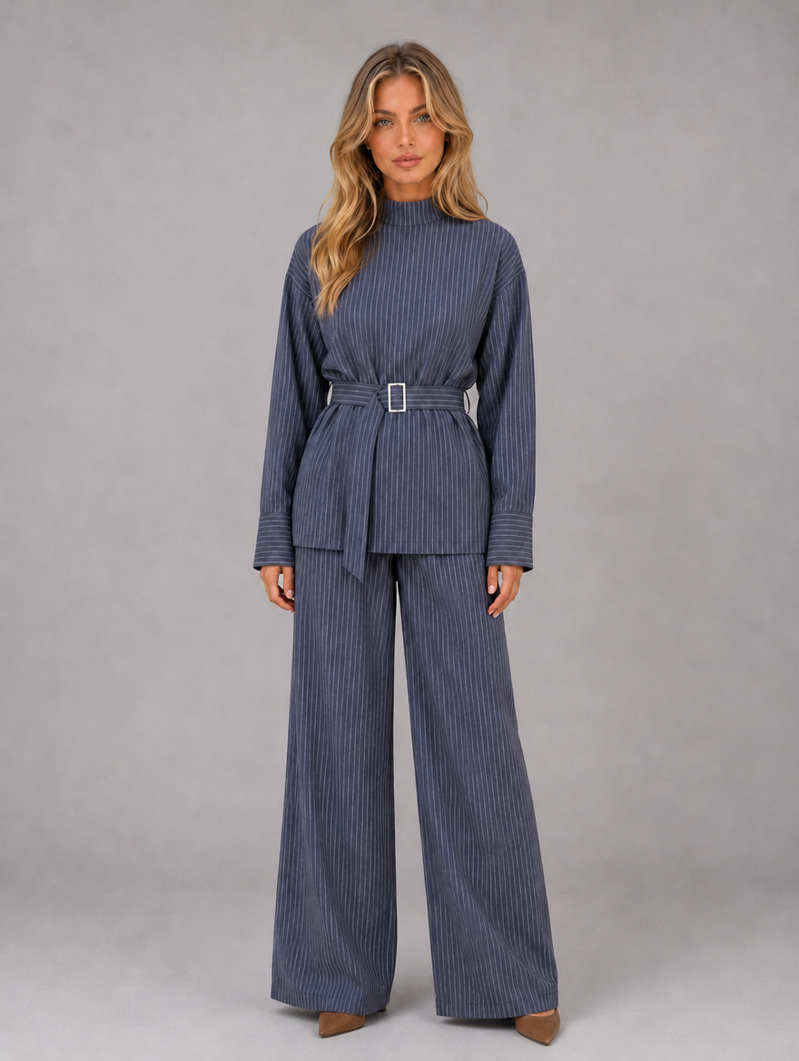 Women’s Pinstripe Two-Piece Set – High Neck Top & Wide Leg Trousers — Blue
