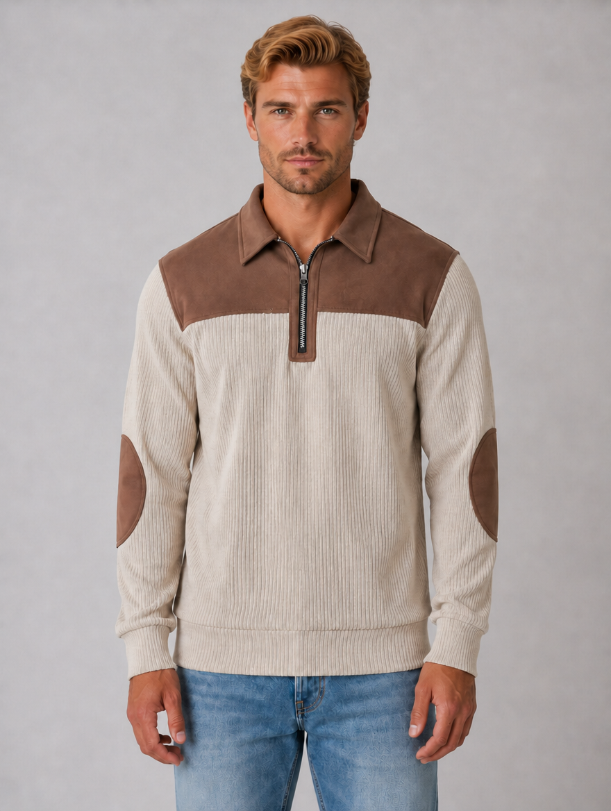 Men’s Quarter Zip Jumper – Ribbed Long Sleeve Pullover with Elbow Patches — Beige