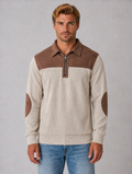 Men’s Quarter Zip Jumper – Ribbed Long Sleeve Pullover with Elbow Patches — Beige