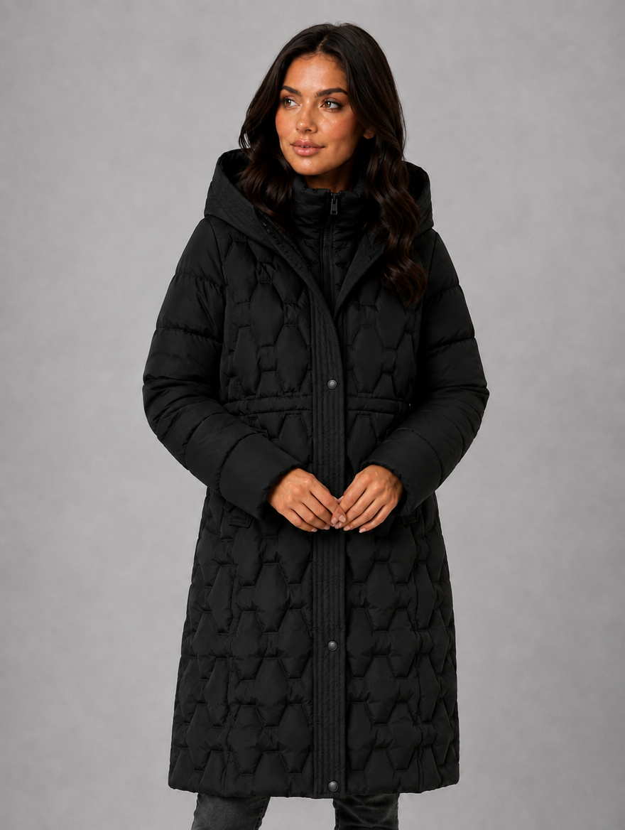 Women’s Long Puffer Coat – Hooded Quilted Winter Jacket — Black