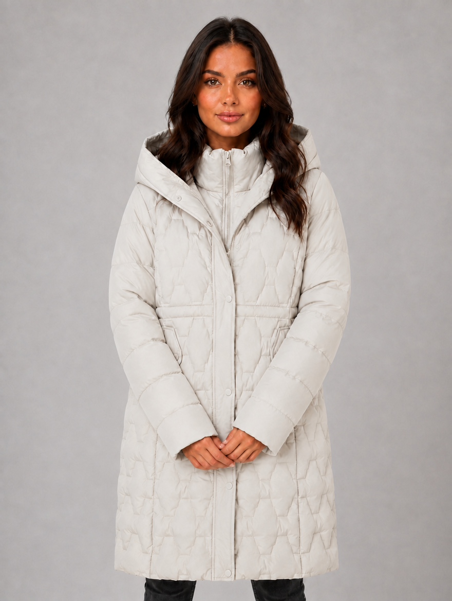 Women’s Long Puffer Coat – Hooded Quilted Winter Jacket — White