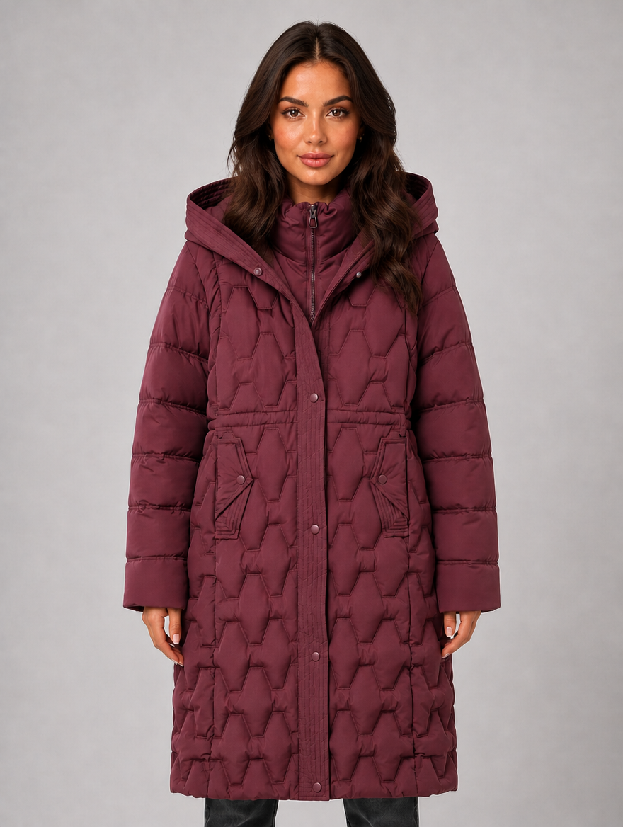 Women’s Long Puffer Coat – Hooded Quilted Winter Jacket — Burgundy