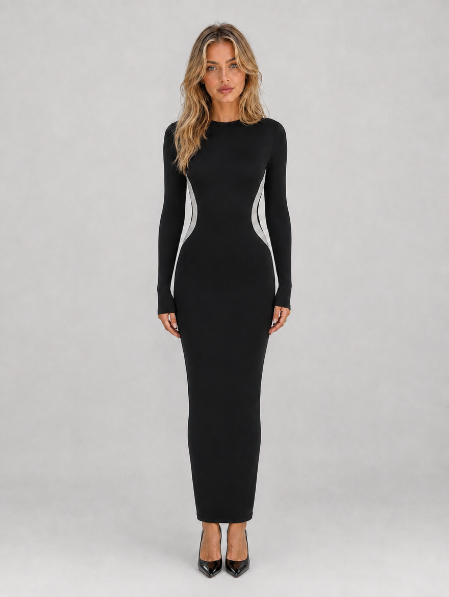 Women’s Long Sleeve Bodycon Maxi Dress – Slim Fit Sculpting Style — Black