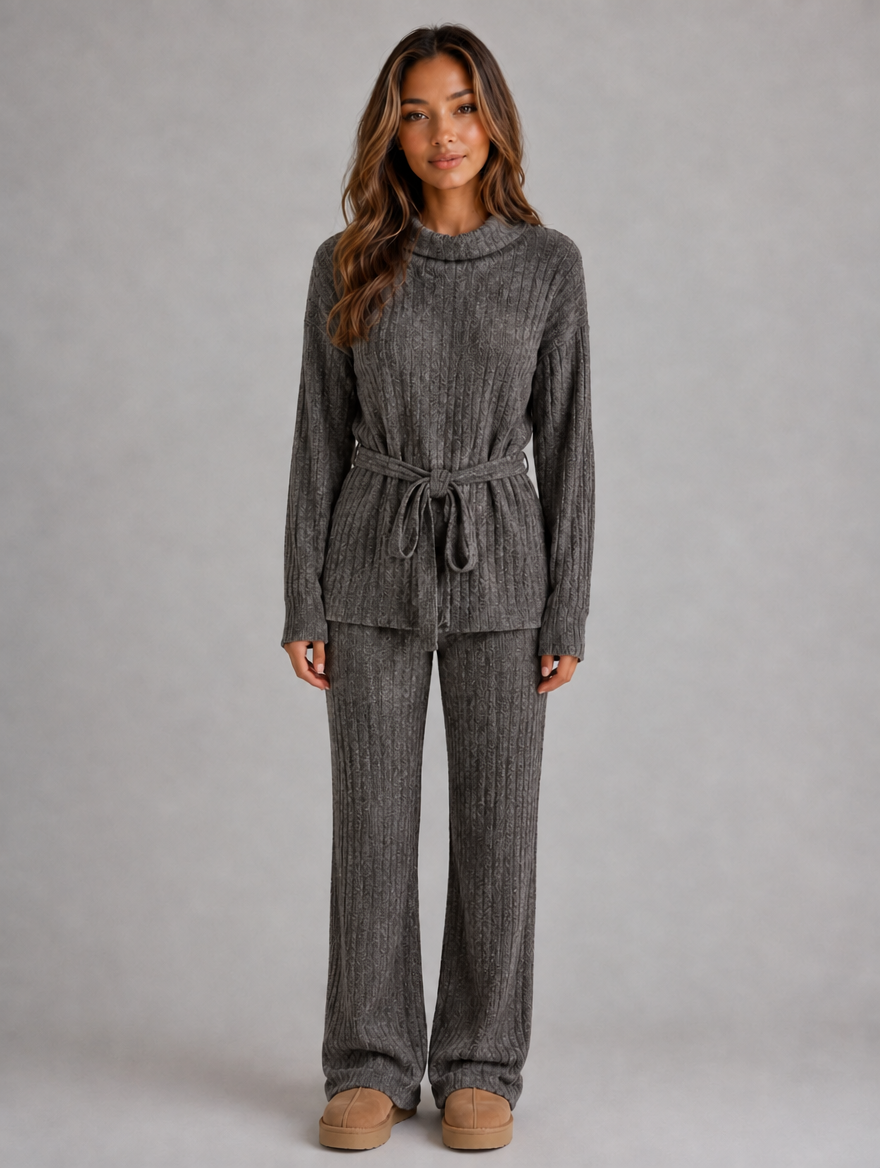 Women’s Knitted Two-Piece Set – Roll Neck Jumper & Wide Leg Trousers Outfit — Grey