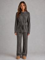 Women’s Knitted Two-Piece Set – Roll Neck Jumper & Wide Leg Trousers Outfit — Grey