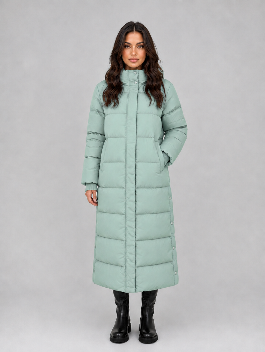 Women’s Hooded Long Puffer Coat — Green