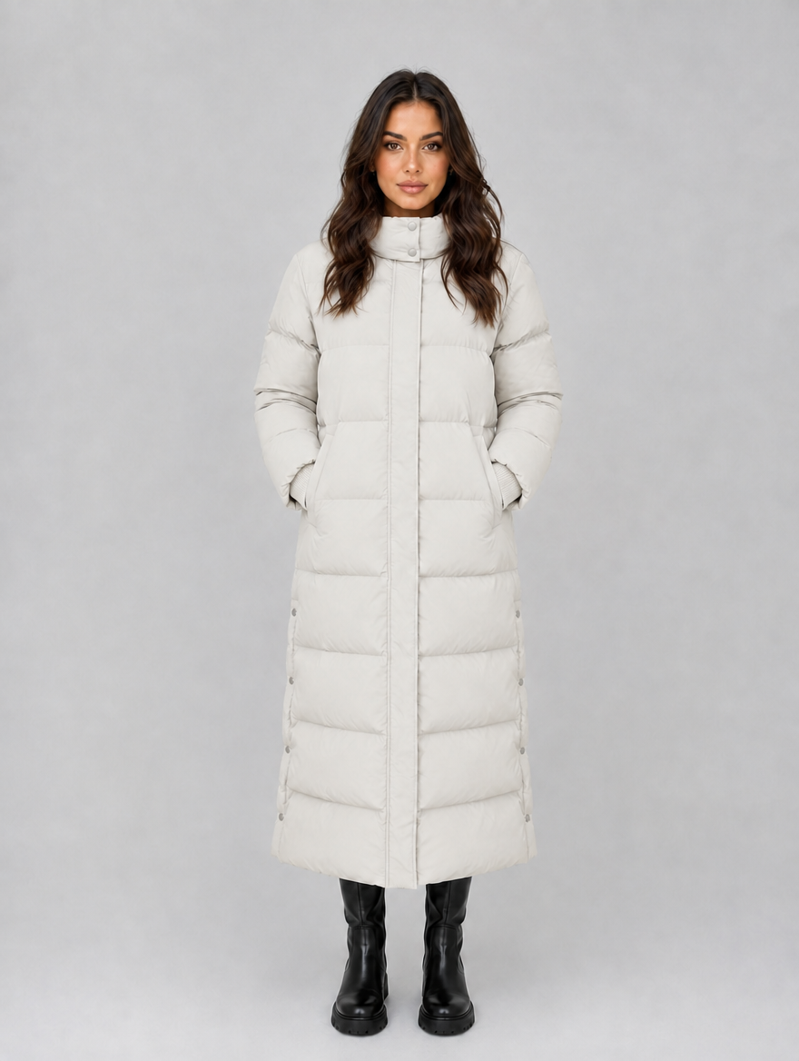 Women’s Hooded Long Puffer Coat — Cream