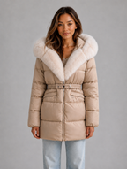 Women’s Faux Fur Belted Puffer Jacket — Beige