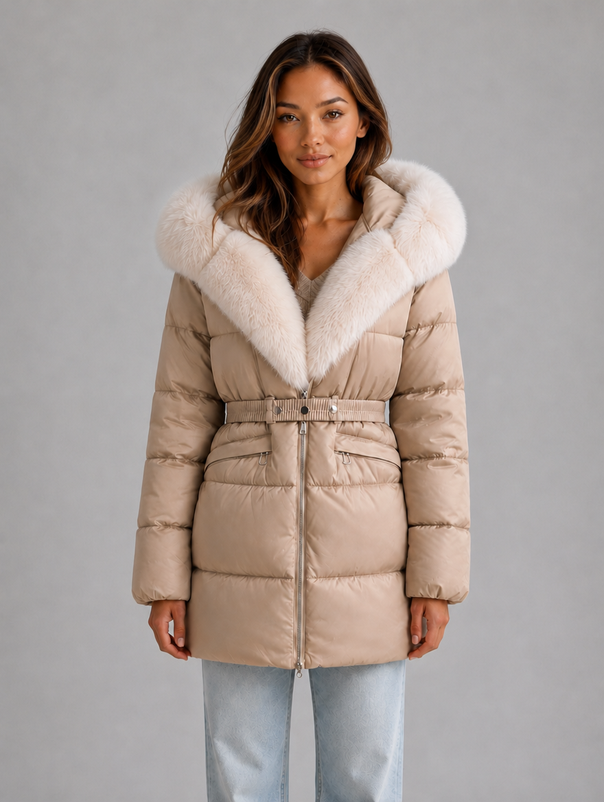 Women’s Faux Fur Belted Puffer Jacket — Beige