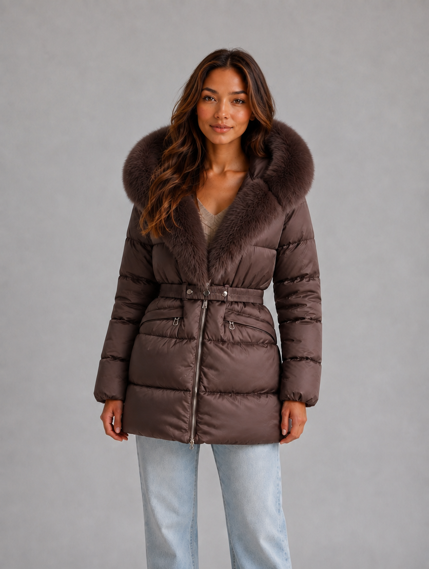 Women’s Faux Fur Belted Puffer Jacket — Brown