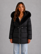 Women’s Faux Fur Belted Puffer Jacket — Black