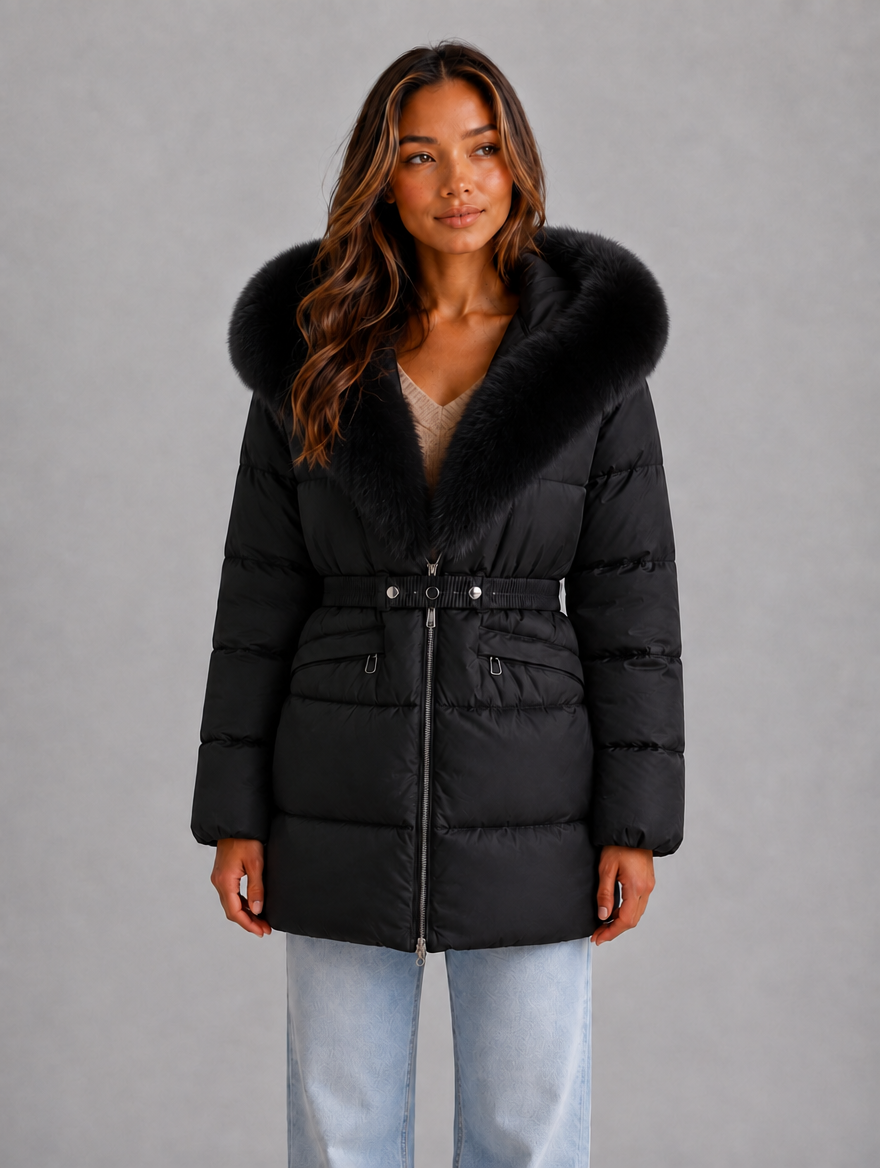 Women’s Faux Fur Belted Puffer Jacket — Black