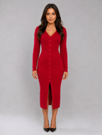 Women’s Ribbed Knitted Midi Dress – Slim Fit Button Front — Red