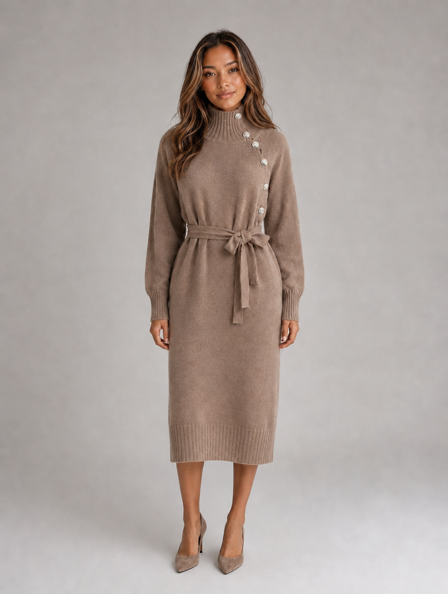 Women’s Cotton Knitted Midi Dress – Roll Neck Belted Jumper Dress — Khaki