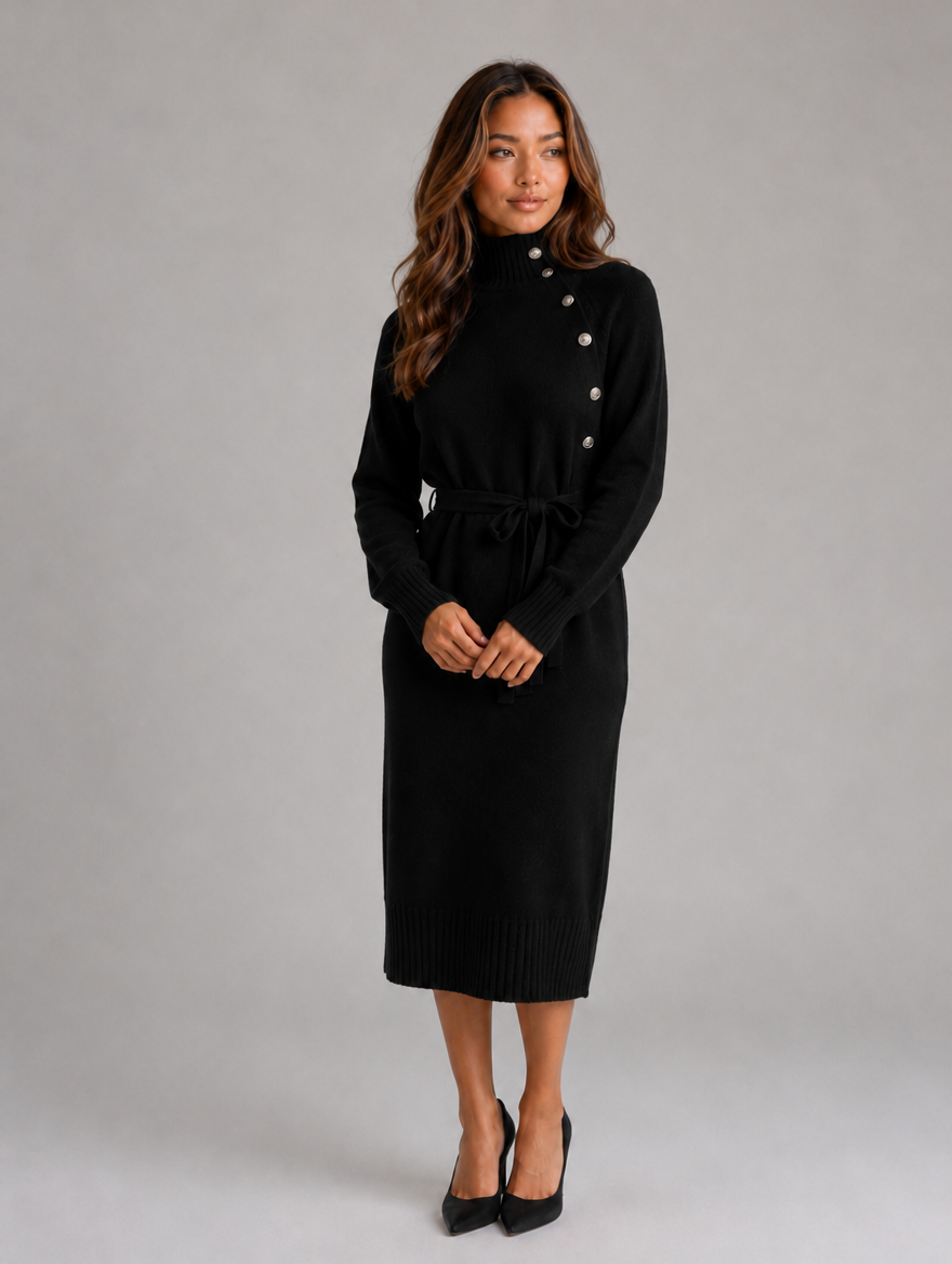 Women’s Cotton Knitted Midi Dress – Roll Neck Belted Jumper Dress — Black