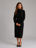 Women’s Cotton Knitted Midi Dress – Roll Neck Belted Jumper Dress — Black