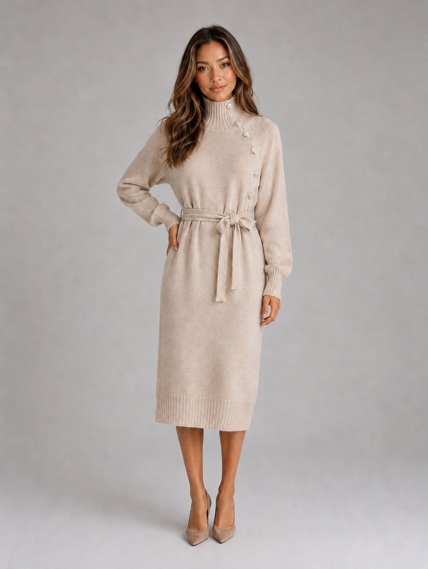 Women’s Cotton Knitted Midi Dress – Roll Neck Belted Jumper Dress — Beige