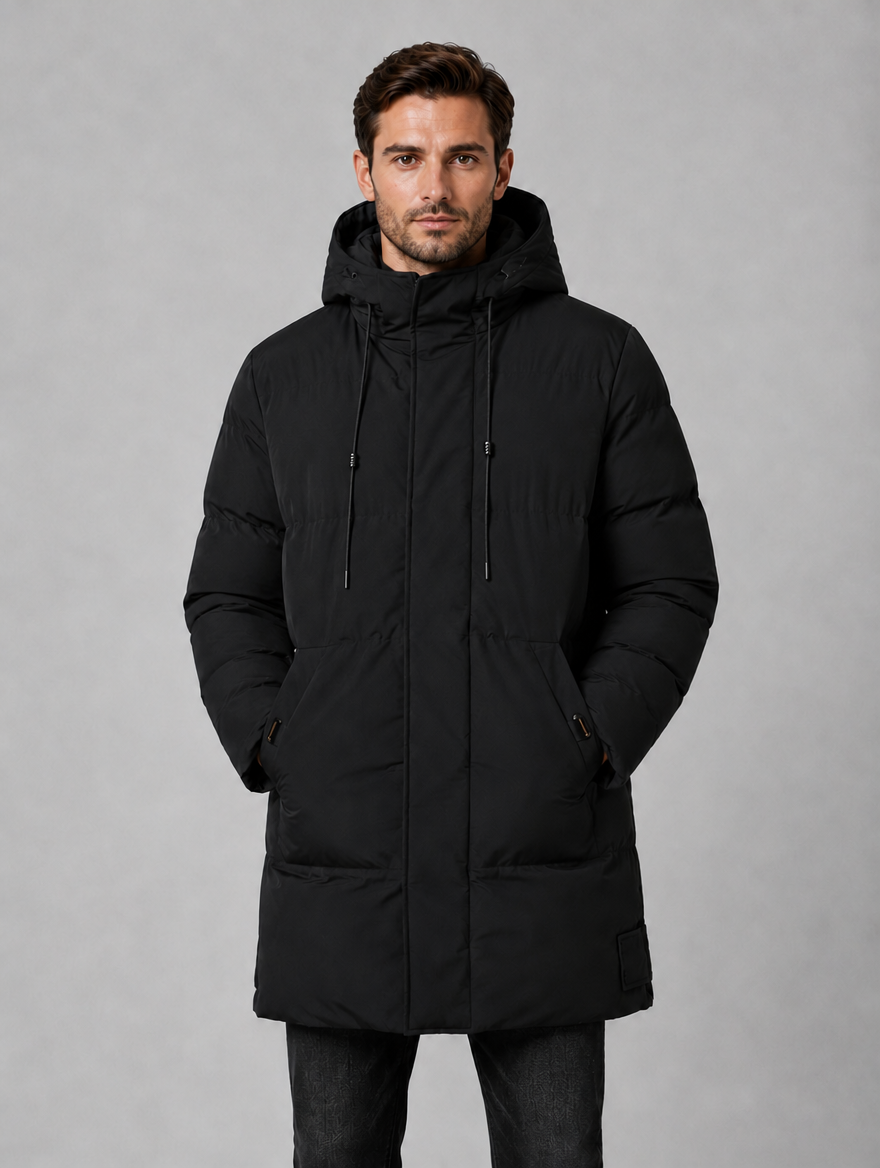 Men’s Hooded Padded Parka – Longline Winter Jacket — Black
