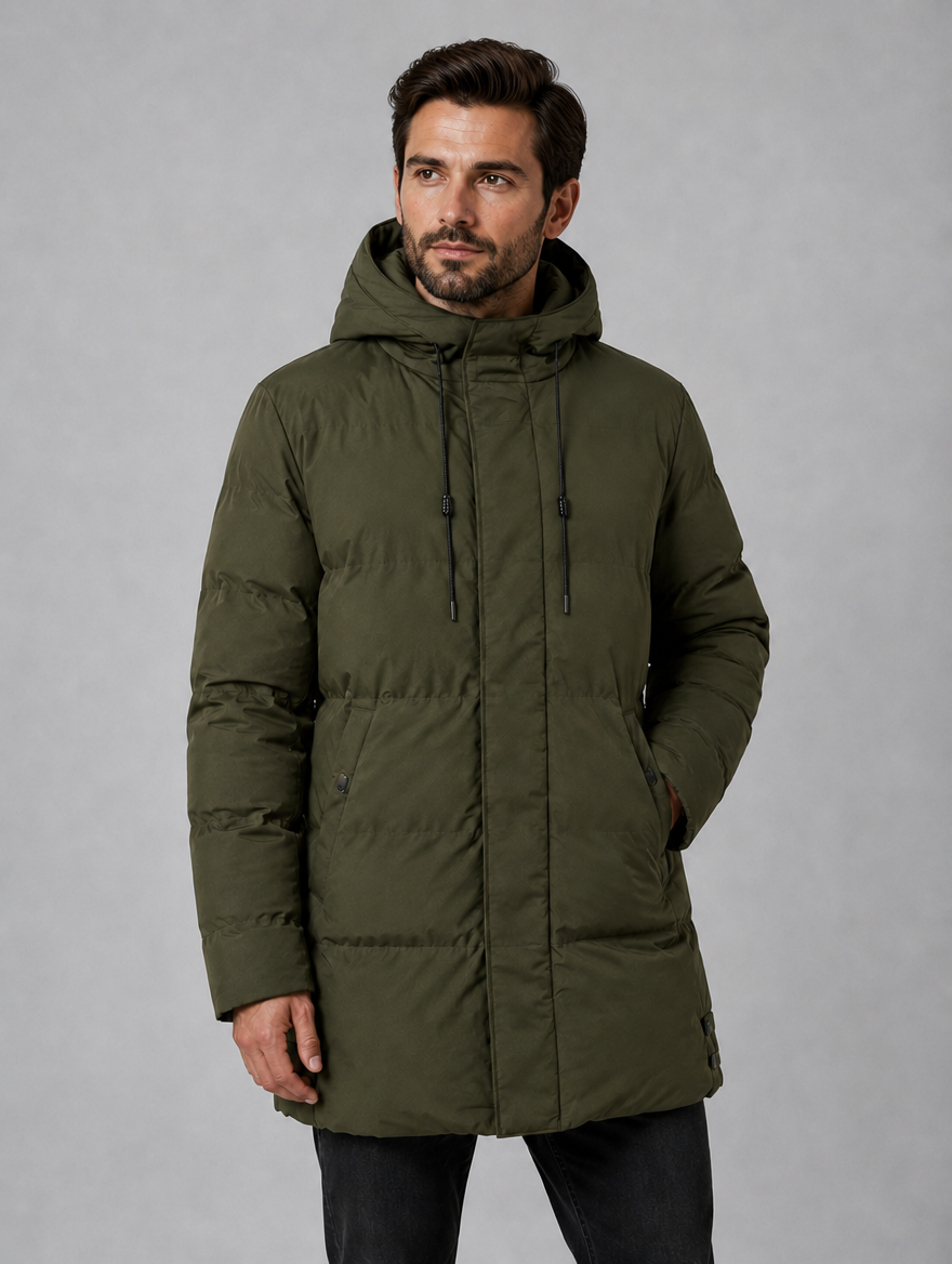 Men’s Hooded Padded Parka – Longline Winter Jacket — Green