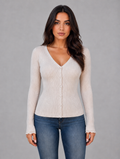 Women’s Ribbed Knit Cardigan – V-Neck Button Up Jumper — Beige