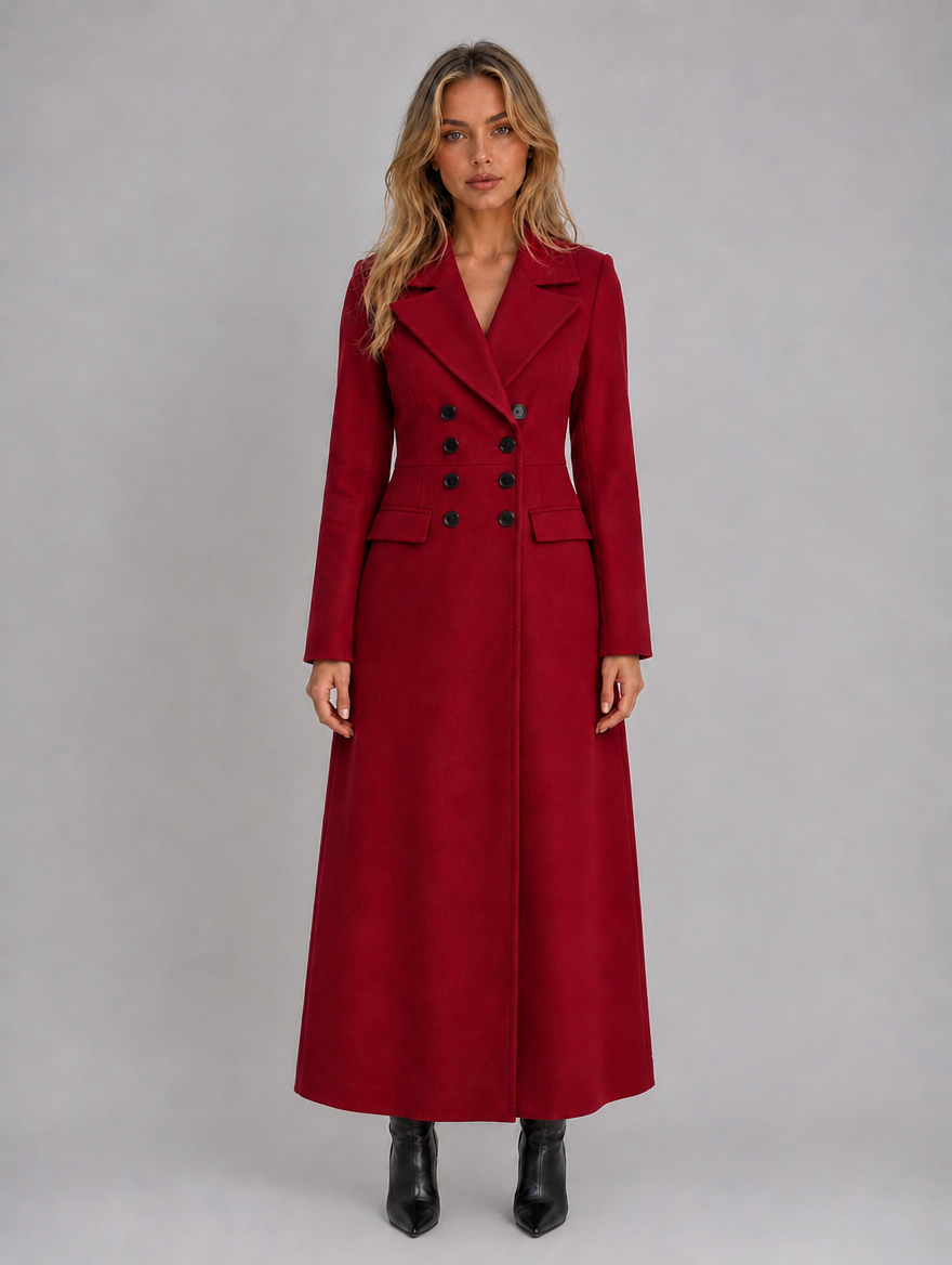 Women’s Double Breasted Long Coat – Tailored Maxi Overcoat — Red