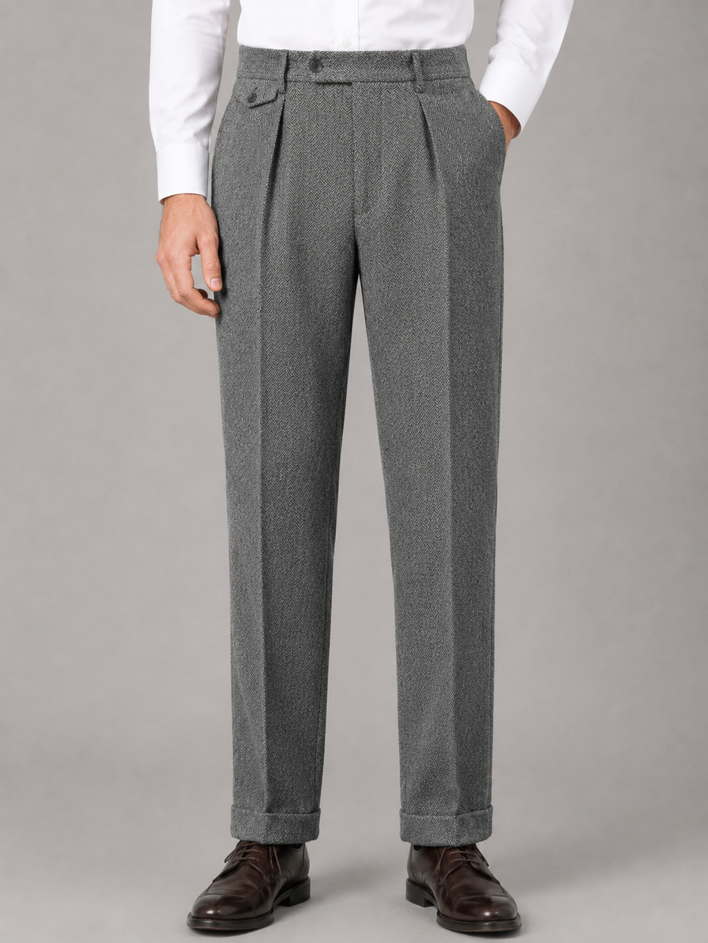 Men’s Herringbone Pleated Tailored Trousers — Grey