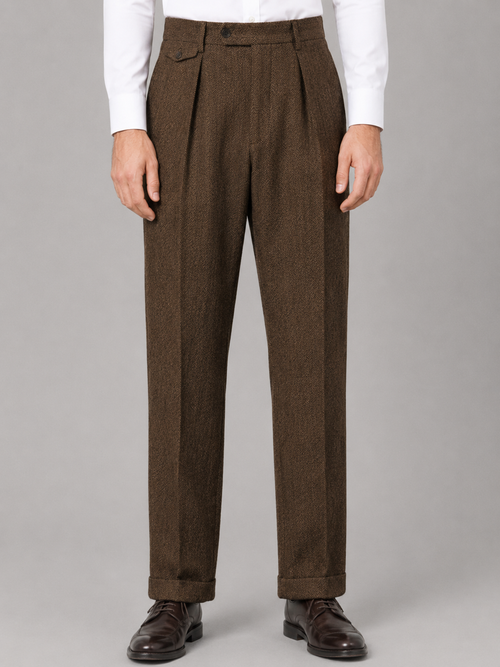 Men’s Herringbone Pleated Tailored Trousers — Brown